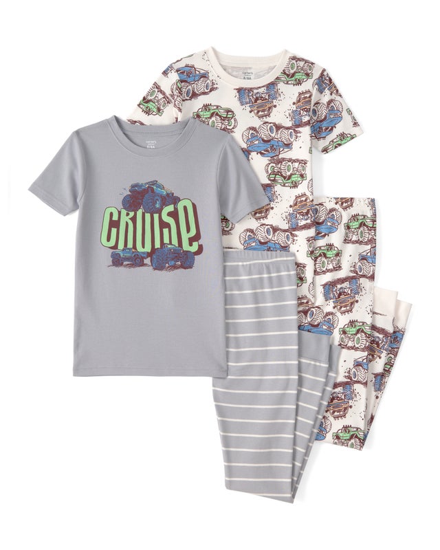 Carter's Toddler Boys Monster Truck 100% Cotton Snug Fit 4-Piece Pajama Set - Grey