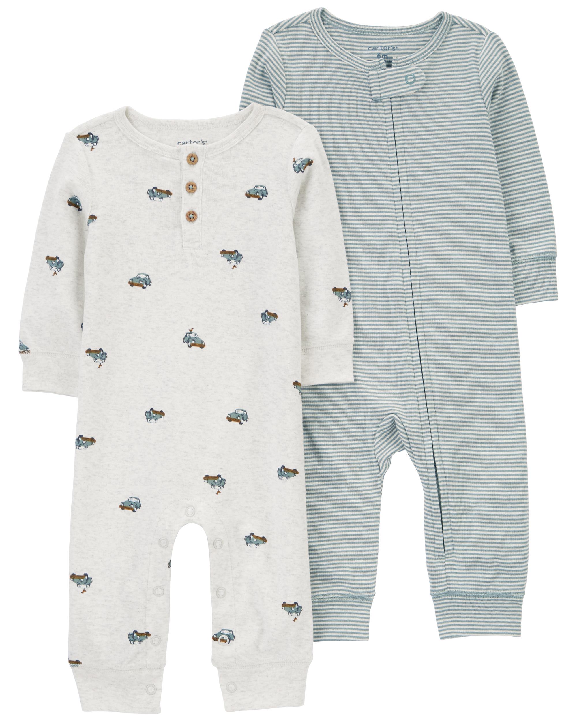 Carter's 2-Pack Striped and Car Printed Jumpsuits