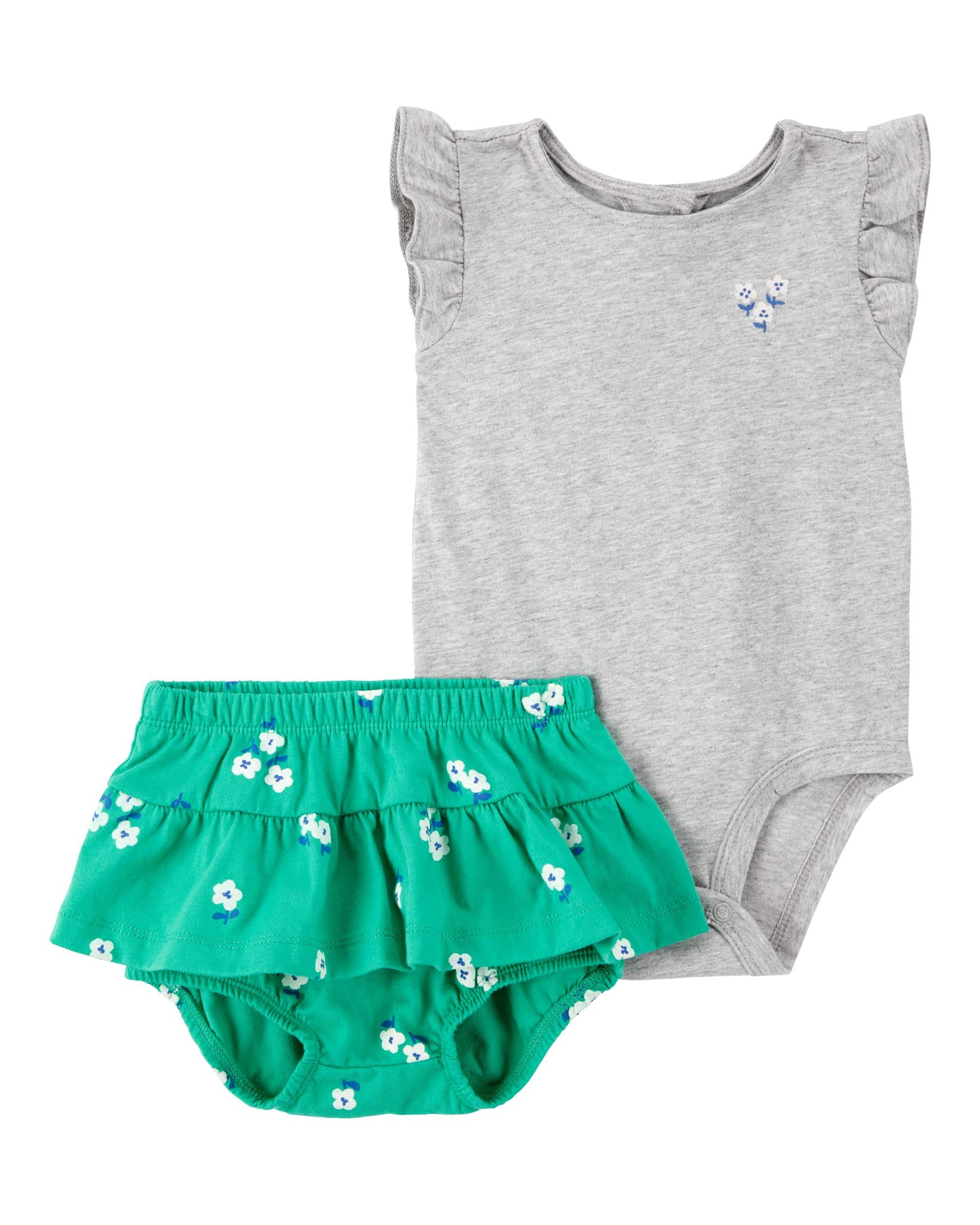 Carter's Baby 2-Piece Floral Print Bodysuit and Diaper Cover Set - Grey & Green
