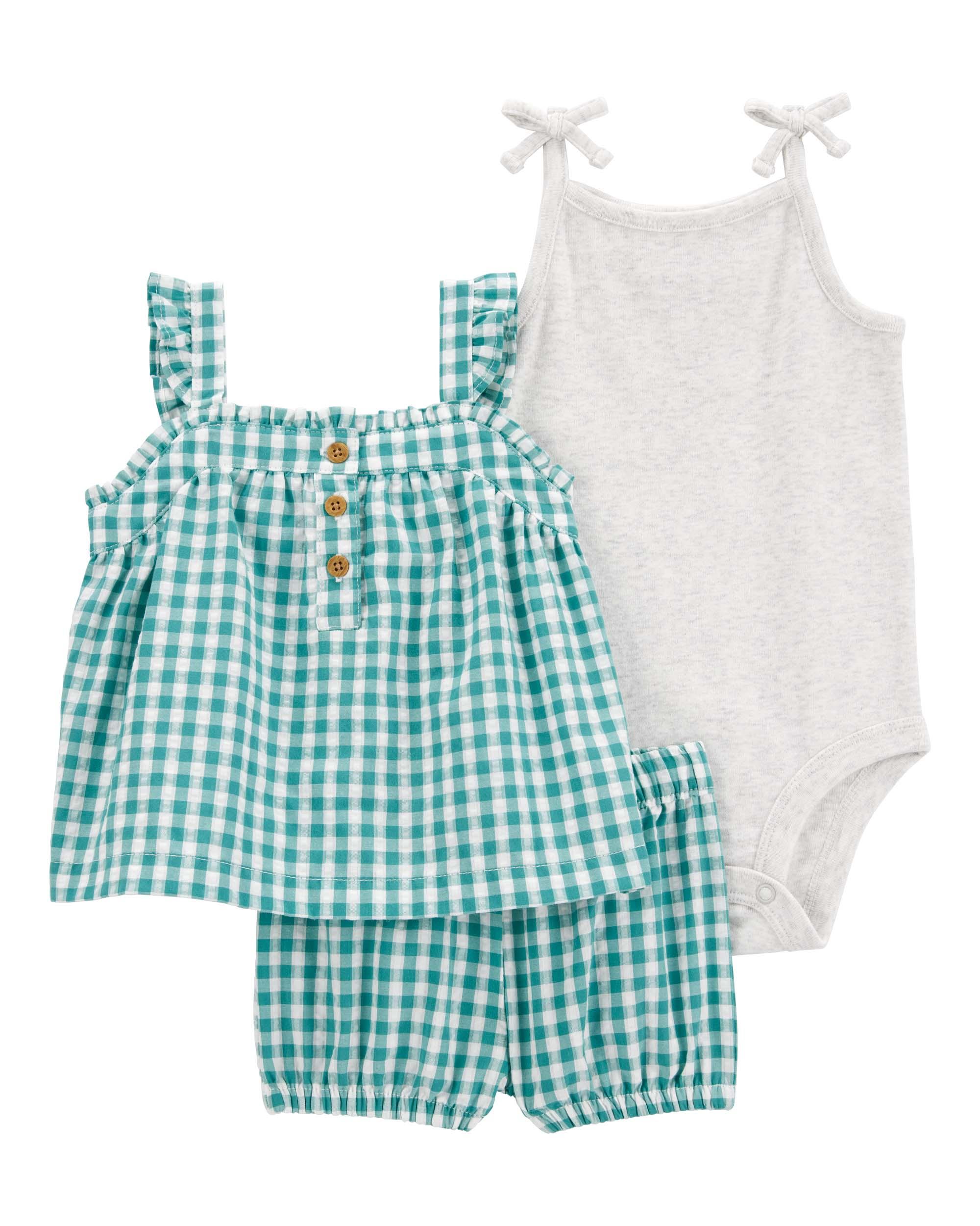 Carter's Baby 3-Piece Gingham Outfit Set - Green & Grey