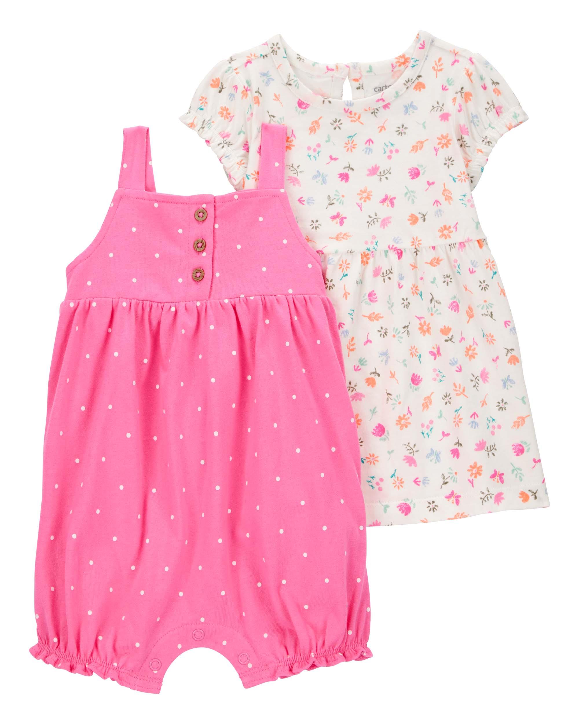 Carter's Baby 2-Piece Floral Print Dress and Romper Set - Cream & Pink