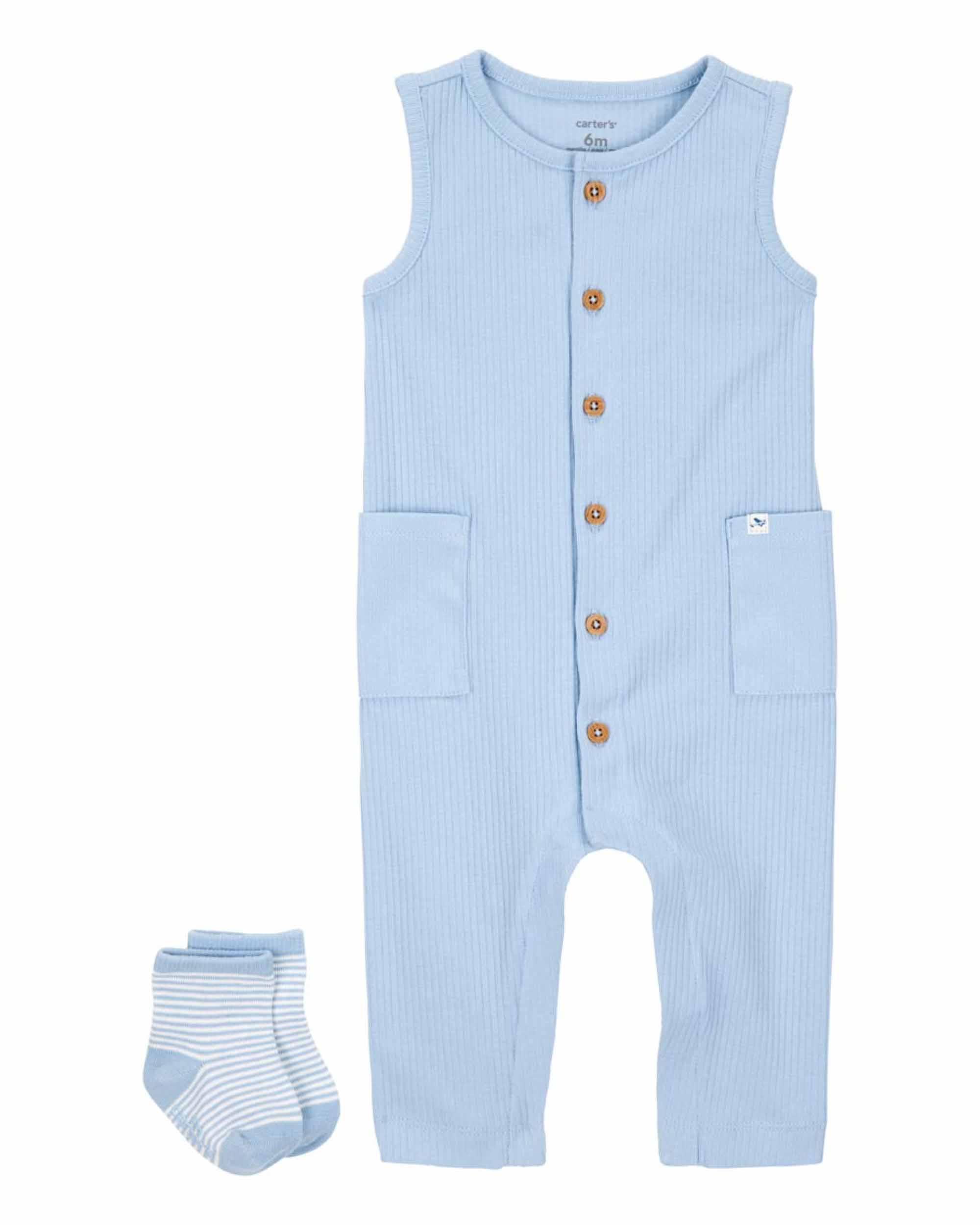 Carter's 2-Piece Sleeveless Jumpsuit and Socks Set - Blue & White