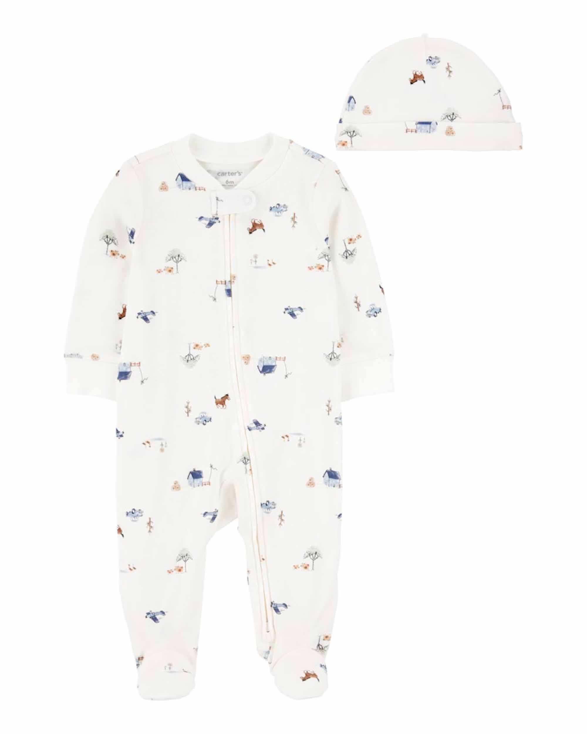 Carter's 2-Piece Barn Printed Sleep & Play Pyjamas and Cap Set - Ivory & Blue