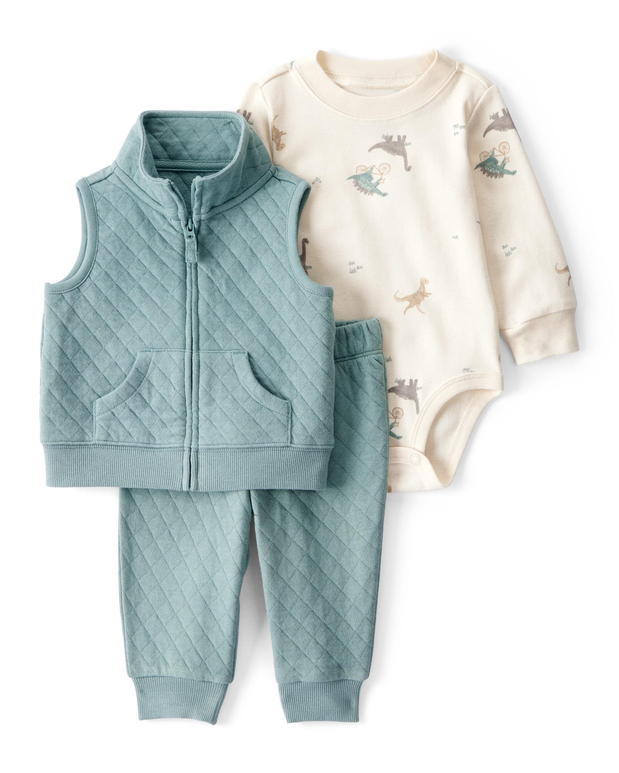 Carter's 3-Piece Quilted Dinosaur Little Vest Set - Green & Ivory