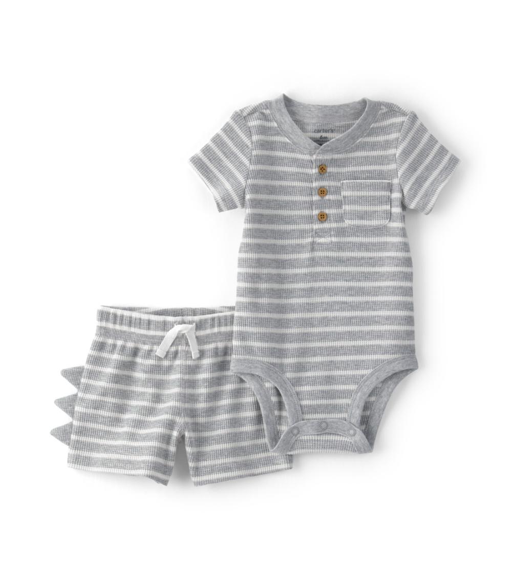 Carter's Baby Boys Striped Dino Spikes Bodysuit Pant Set, Grey