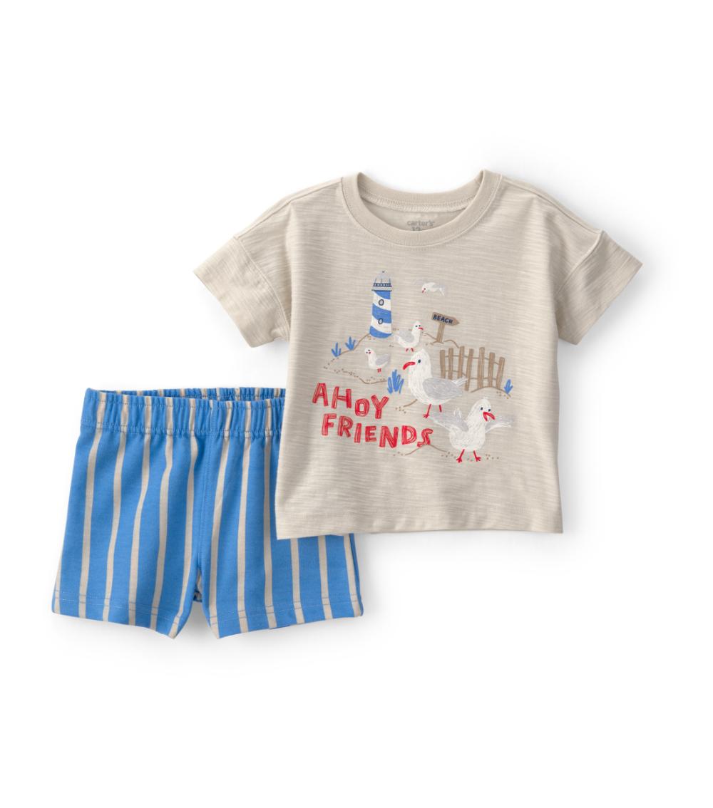 Carter's Baby Boys 2-Piece Seagull Top & Short Set - Brown/Blue