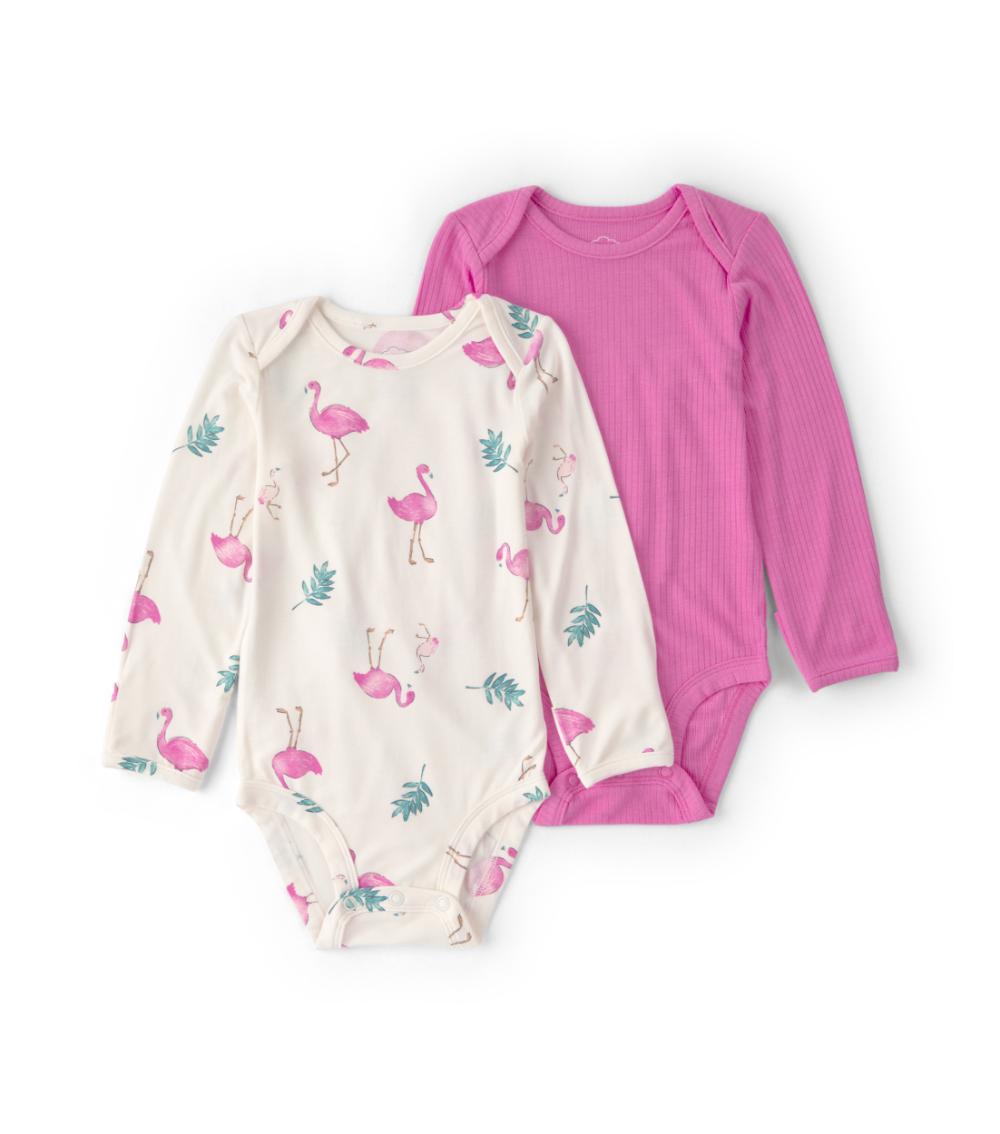 PurelySoft Baby Girls Flamingo Print 2 Pack Bodysuits, Multicolor