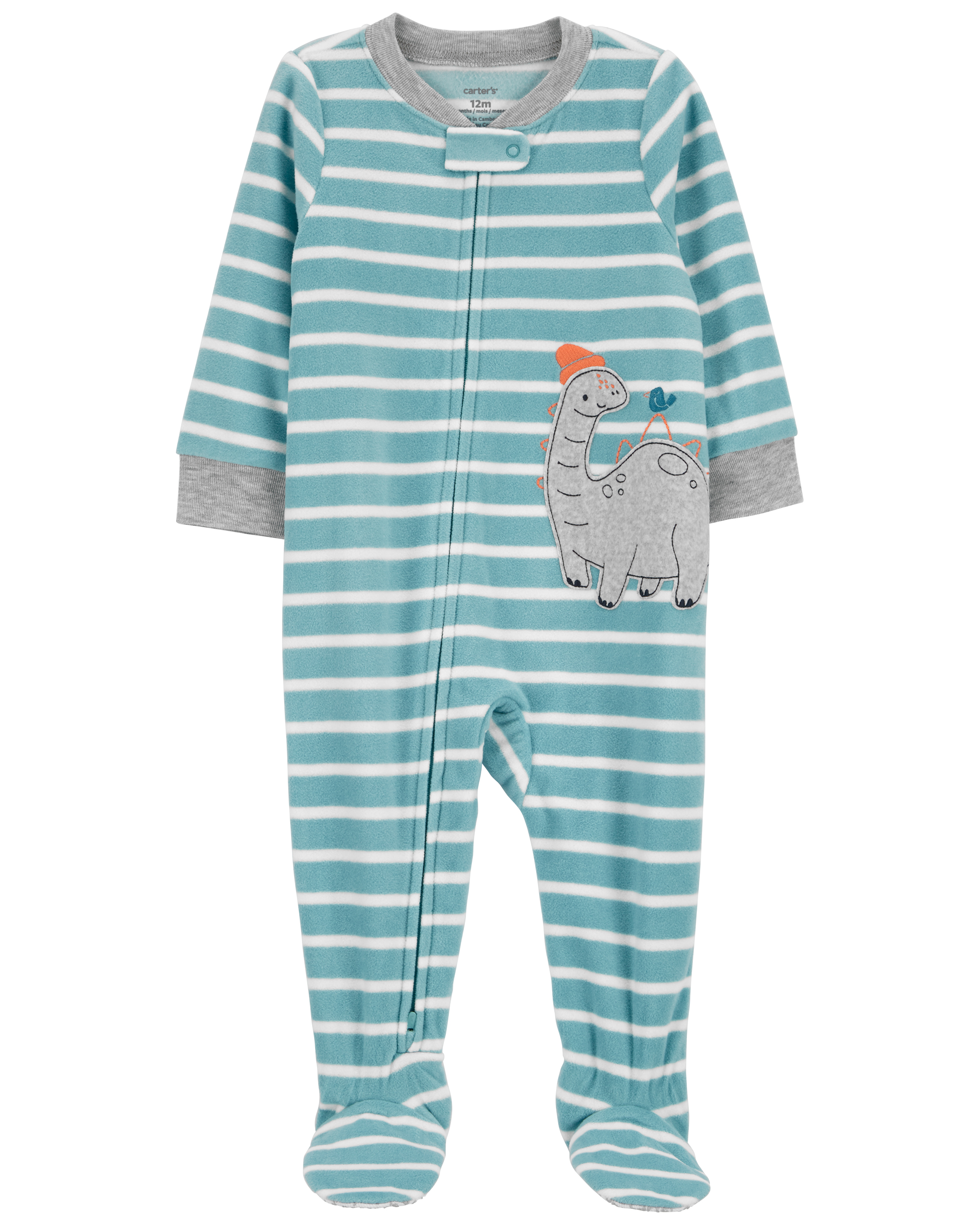 Carter's 1 Piece Fleece Pajamas Teal Dino Stripes