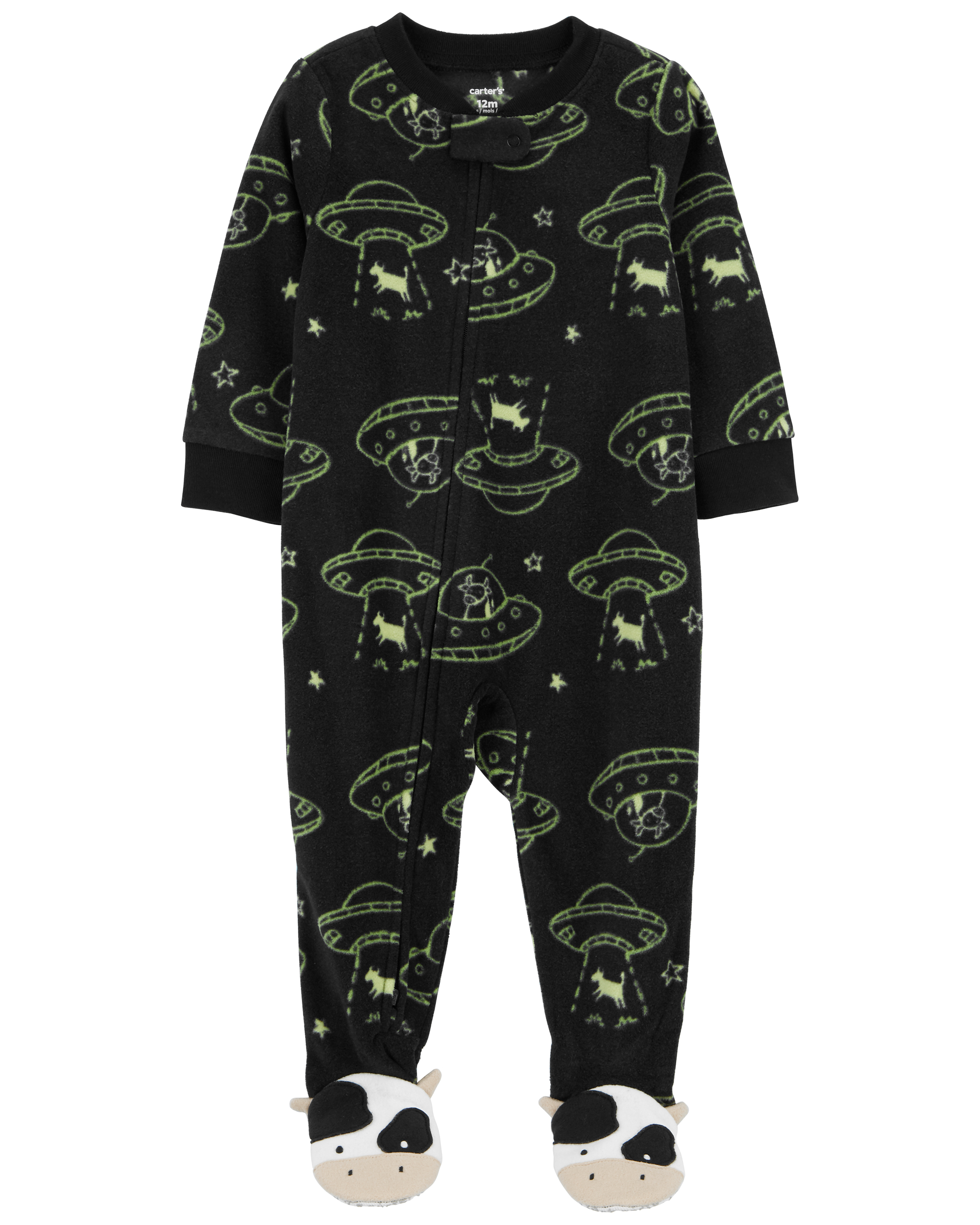 Carter's 1 Piece Fleece Pajamas Green Space Cow Print