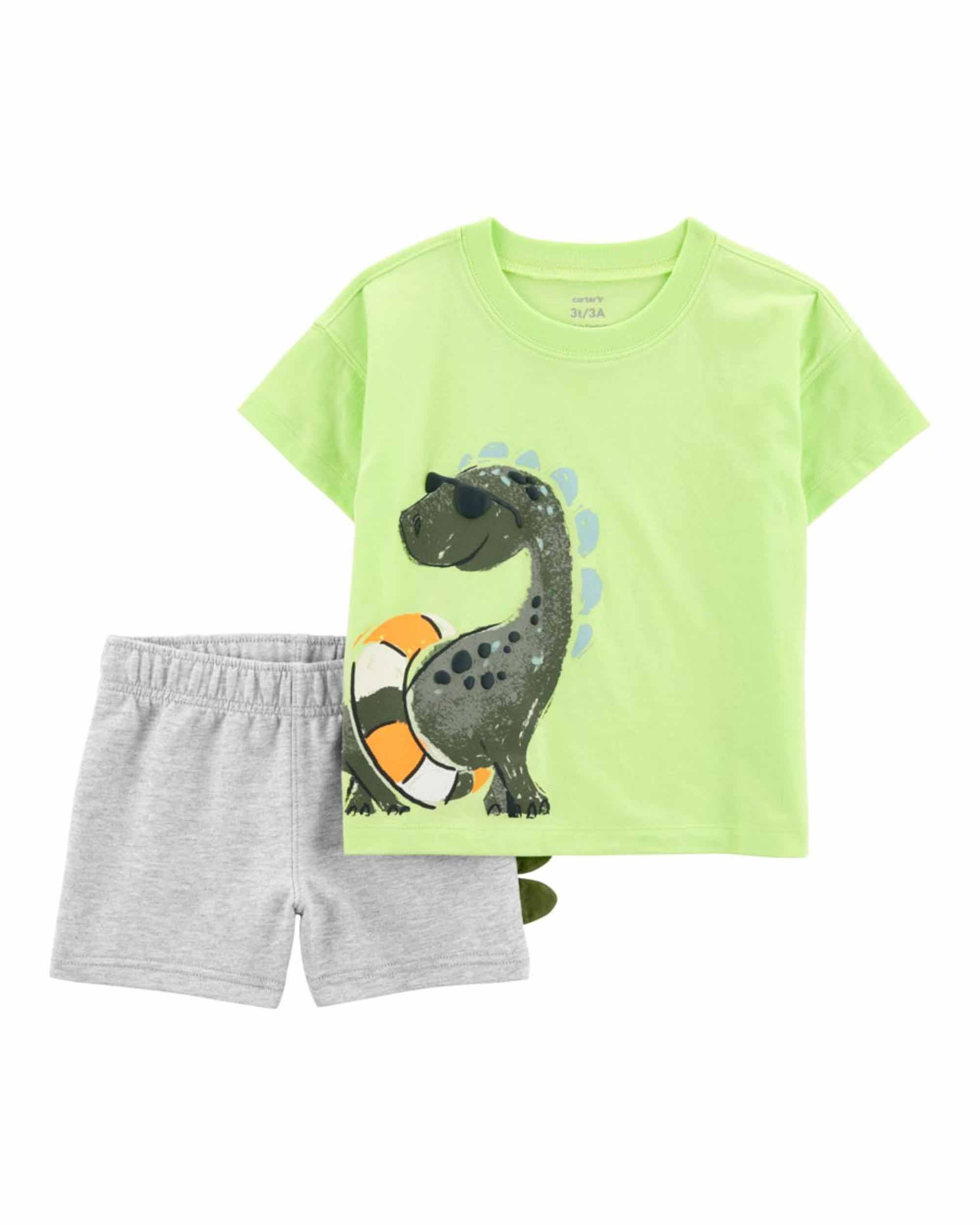 Carter's 2-Piece Dinosaur Printed T-Shirt and Shorts Set - Grey & Green