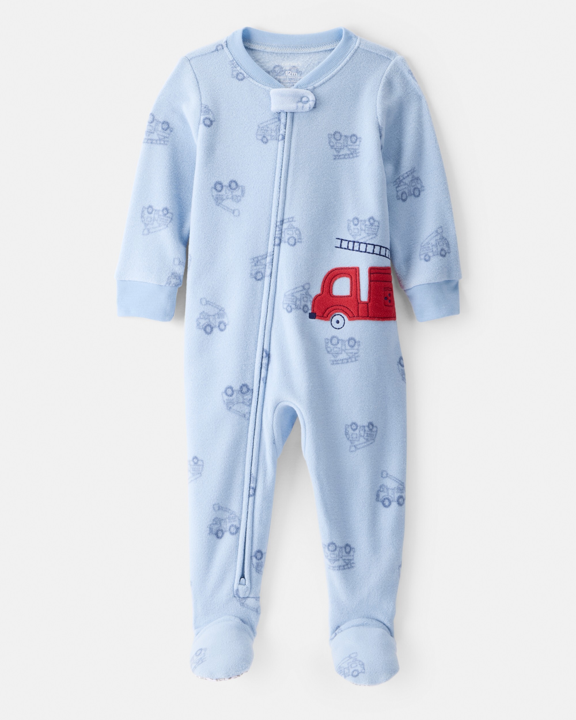 Carter's Fleece Infant Boy Firetruck Loose Fit 2-Way Zip Pajamas, Blue