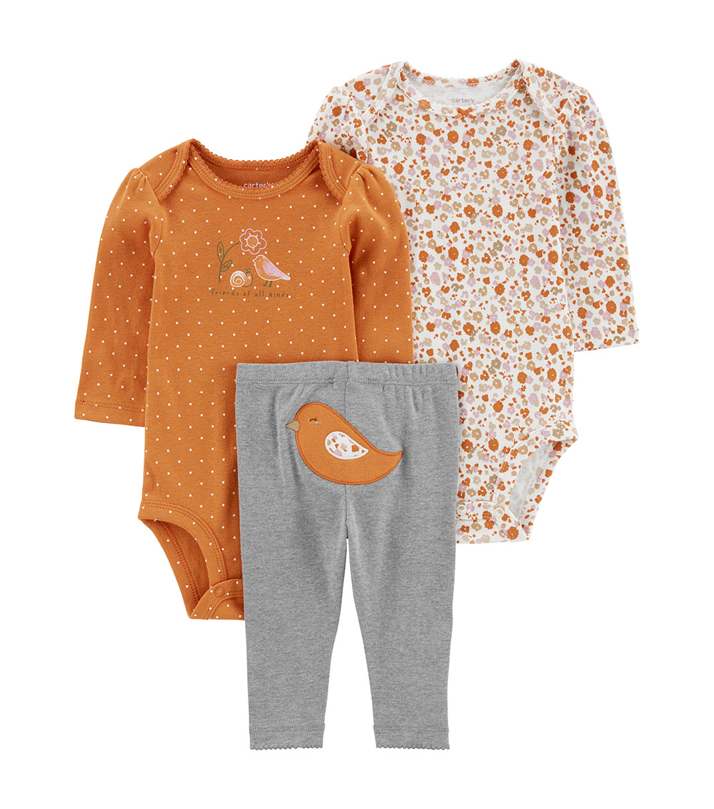 Carter's Long Sleeve Rust Floral And Bird Print 3-Piece Set